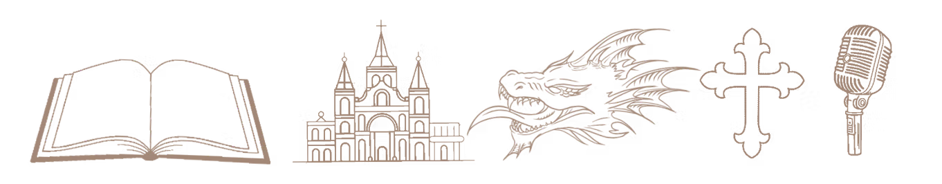 Cinq pictogrammes au trait représentant les univers d'INDAS : un livre ouvert, une basilique, un dragon, une croix et un micro.